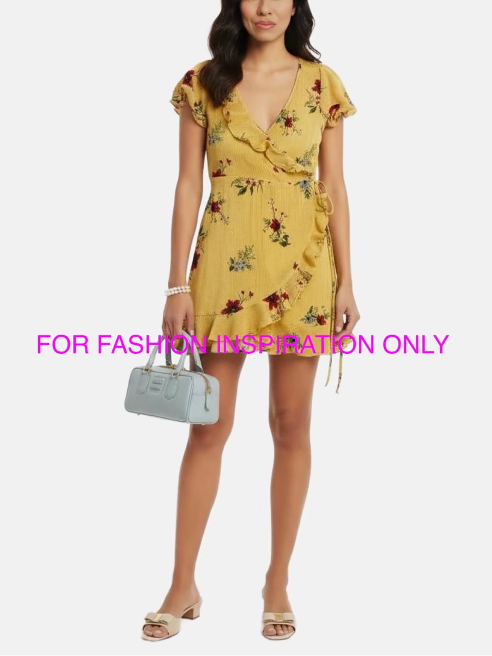 Yellow Floral Wrap Mini Dress Womens XSmall Boho Ruffle Y2K summer brunch chic